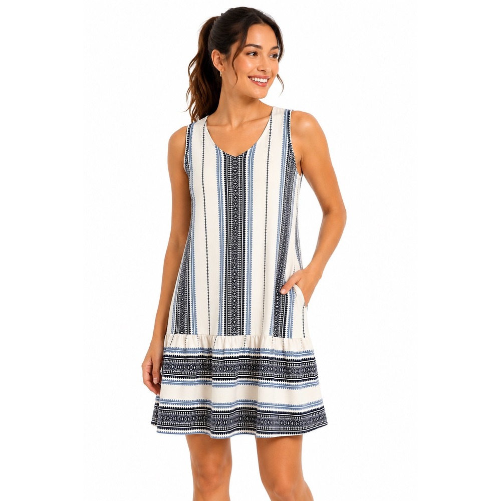 J. Jill Blue White Geometric Jacquard Tiered Sleeveless Maxi Dress Womens Medium